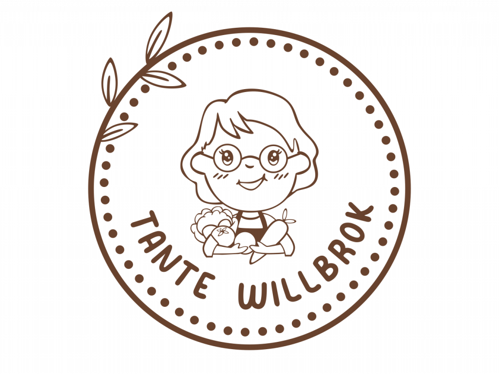 Logo von Tante Willbrok – Eine stilisierte Zeichnung einer freundlichen Person mit Brille, die Gemüse in der Hand hält, umgeben von einem Kreis