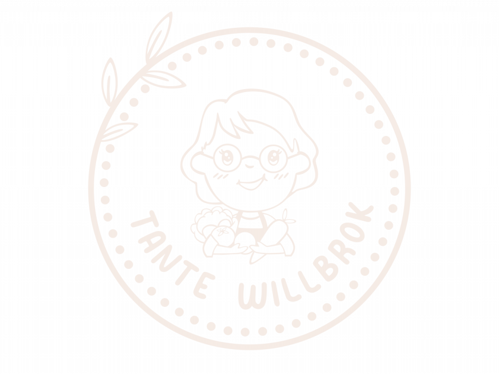 Helles Logo von Tante Willbrok – Eine stilisierte Zeichnung einer freundlichen Person mit Brille, die Gemüse in der Hand hält, umgeben von einem Kreis.