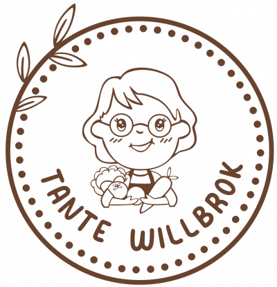 Logo von Tante Willbrok – Eine stilisierte Zeichnung einer freundlichen Person mit Brille, die Gemüse in der Hand hält, umgeben von einem Kreis
