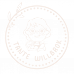 Helles Logo von Tante Willbrok – Eine stilisierte Zeichnung einer freundlichen Person mit Brille, die Gemüse in der Hand hält, umgeben von einem Kreis.